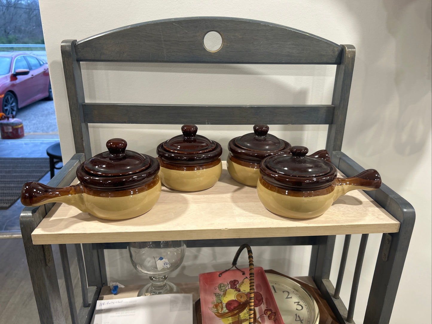 Red clay Set of 4 Brown & Tan Individual Casseroles with Lids and handles-(195)